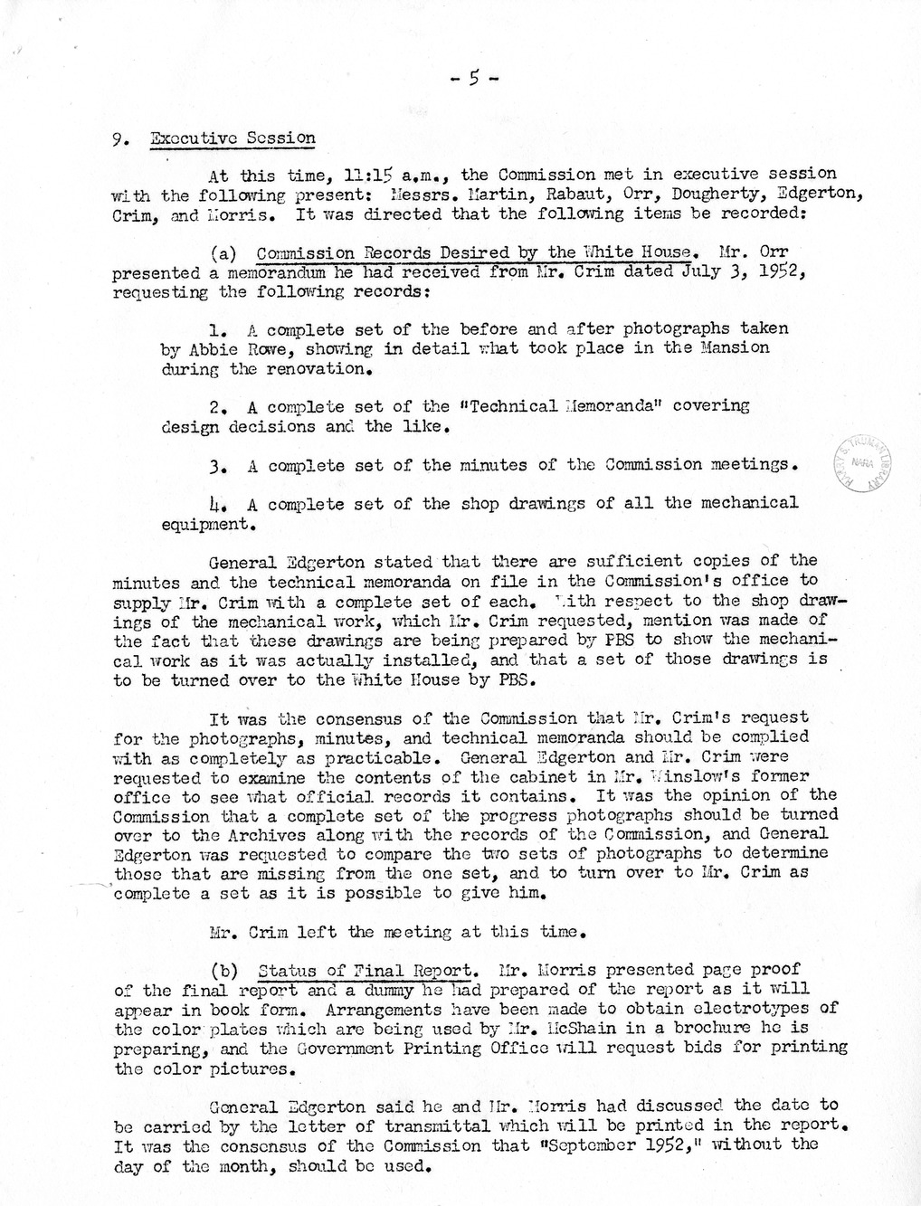 Minutes of the Seventy-Third Meeting of the Commission On Renovation of the Executive Mansion