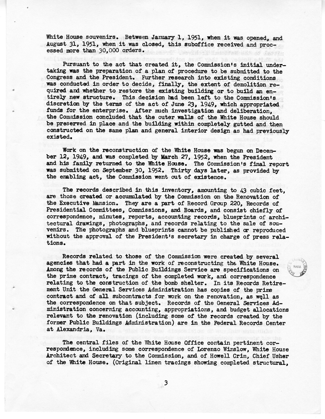 Preliminary Inventory Number 117, Records of the Commission on the Renovation of the Executive Mansion