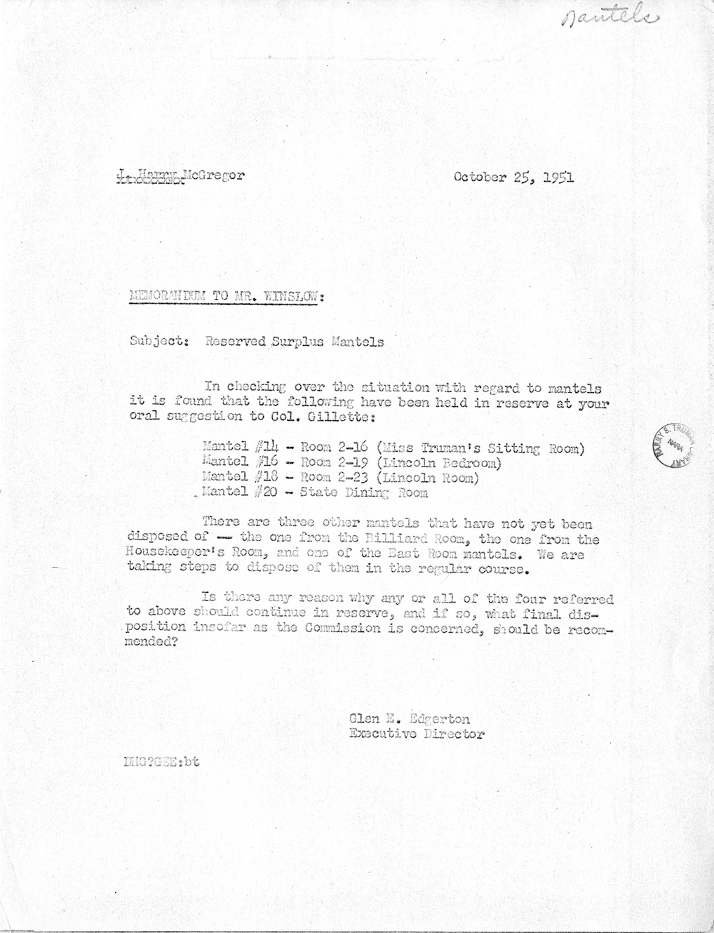 Memorandum from Major General Glen E. Edgerton to Mr. Lorenzo Winslow