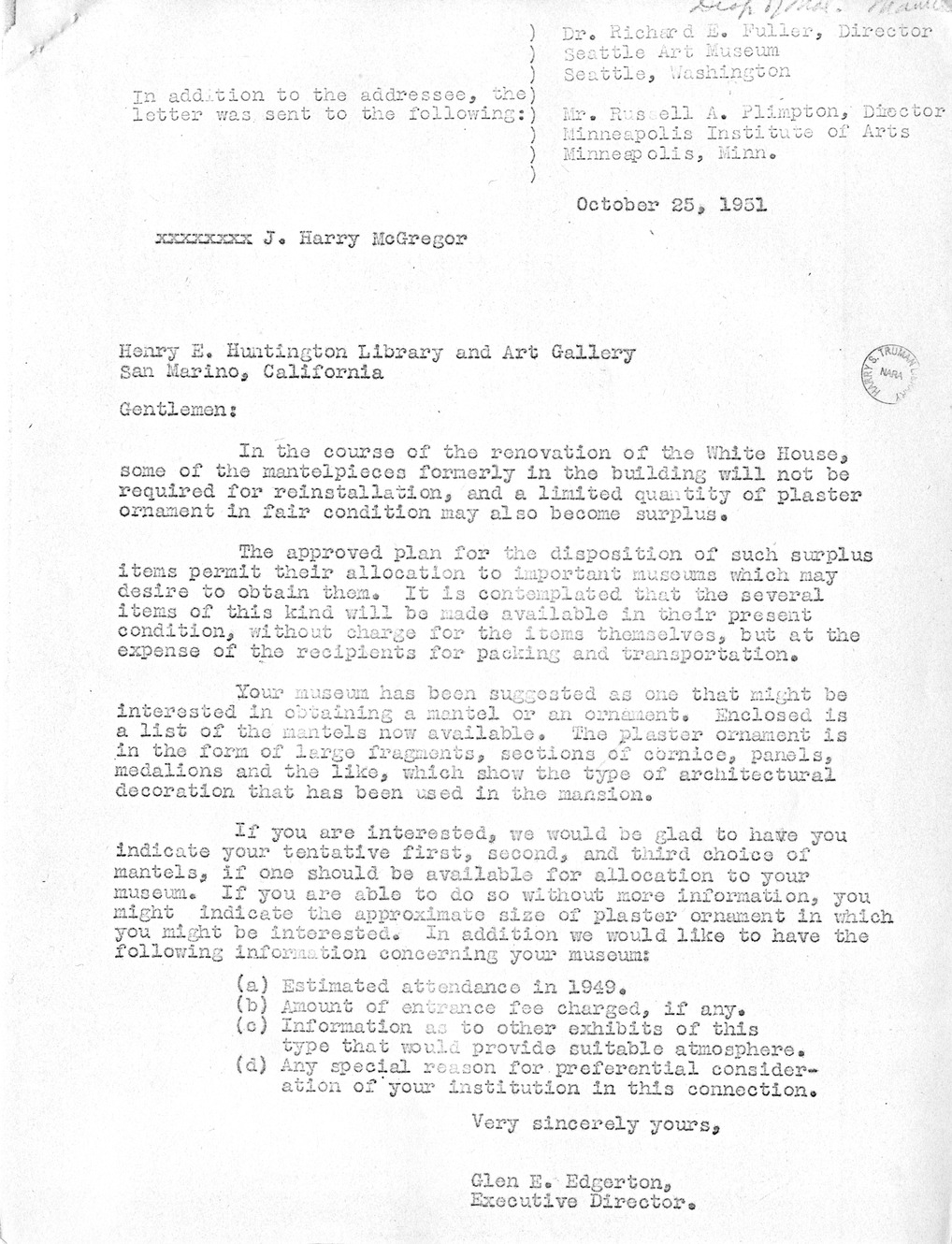 Letter from Major General Glen E. Edgerton to Various Recipients, with Attachment