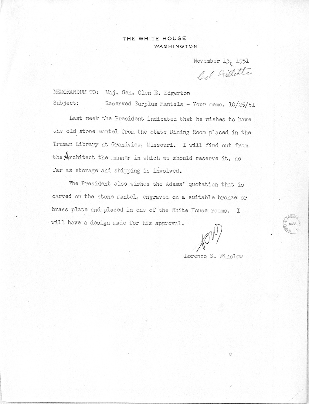 Memorandum from Lorenzo S. Winslow to Major General Glen E. Edgerton
