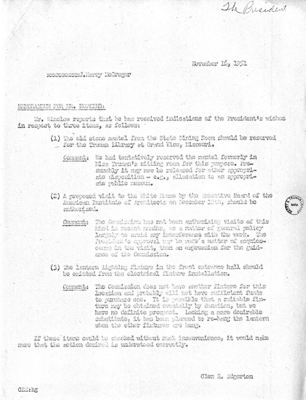Memorandum from Major General Glen E. Edgerton to William Hopkins