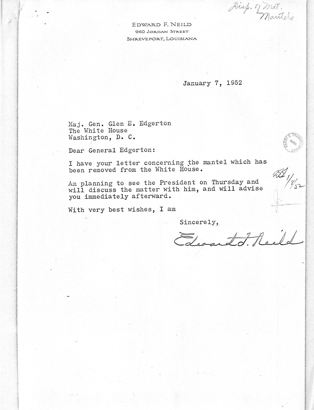 Correspondence Between Major General Glen E. Edgerton and Mr. Edward F. Neild