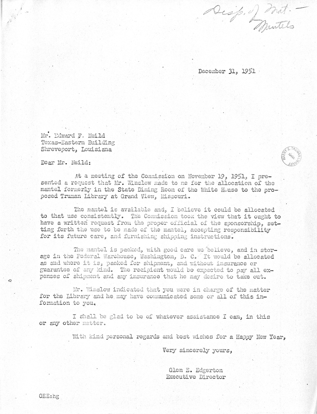 Correspondence Between Major General Glen E. Edgerton and Mr. Edward F. Neild