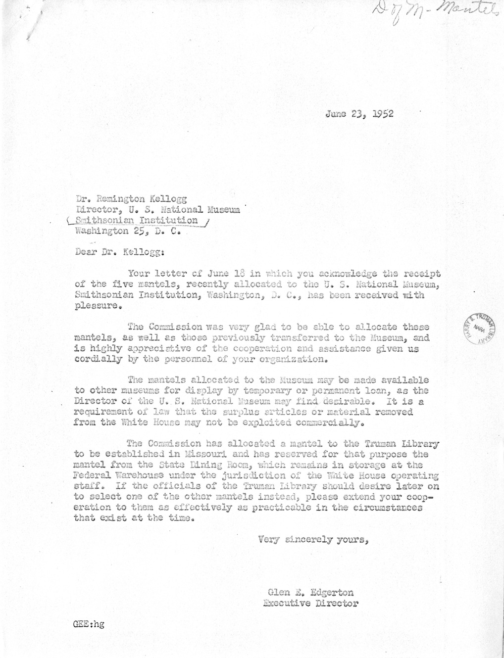 Correspondence Between Major General Glen E. Edgerton and Mr. Remington Kellogg