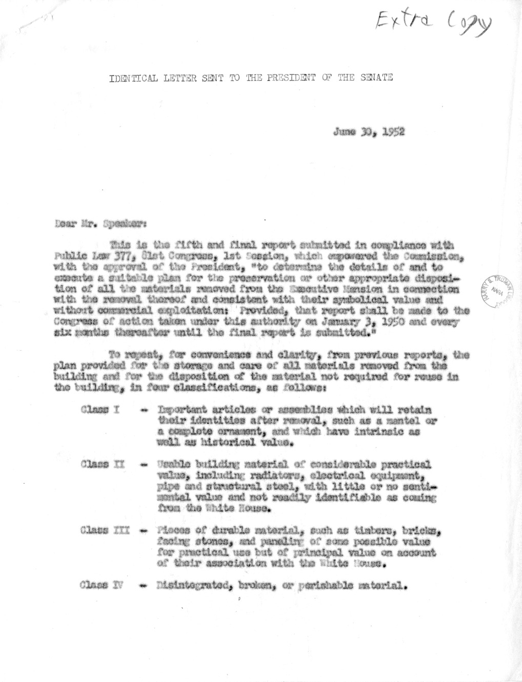 Final Report of the Commission on Renovation of the Executive Mansion from Douglas Orr to Speaker of the House Sam Rayburn, with Attachment