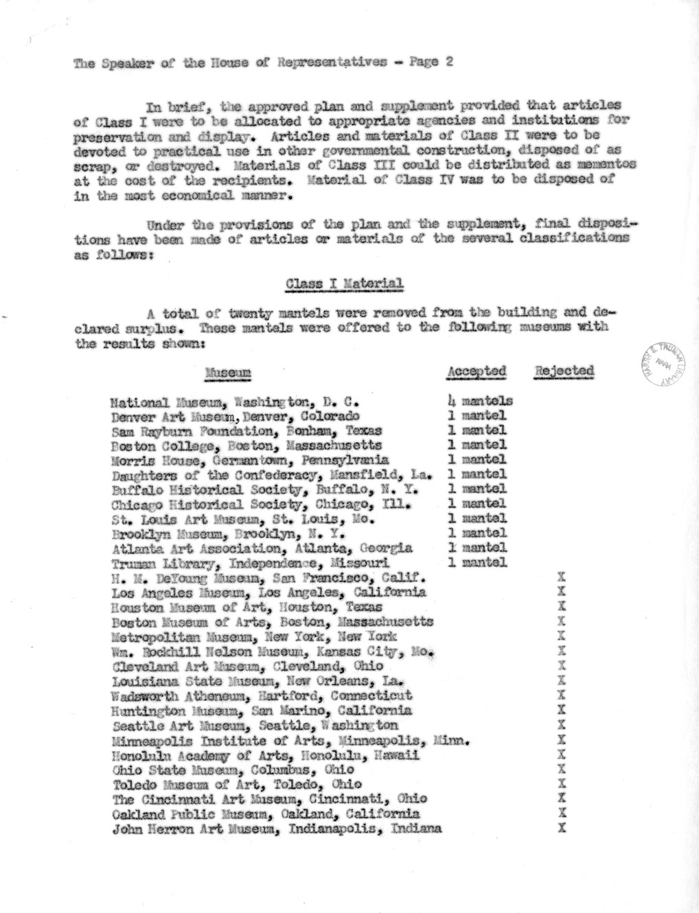 Final Report of the Commission on Renovation of the Executive Mansion from Douglas Orr to Speaker of the House Sam Rayburn, with Attachment