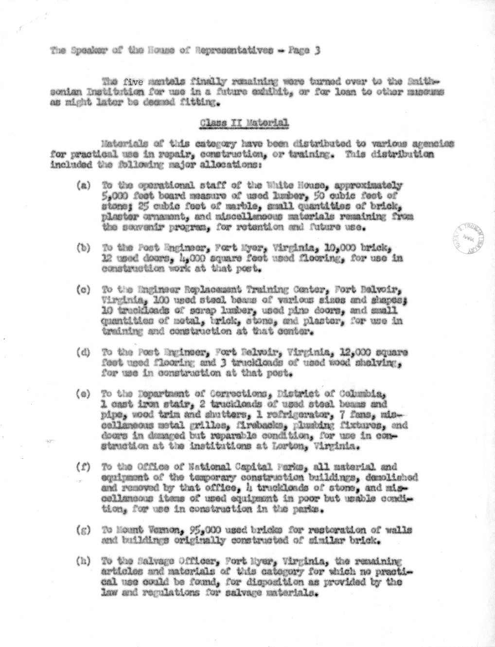 Final Report of the Commission on Renovation of the Executive Mansion from Douglas Orr to Speaker of the House Sam Rayburn, with Attachment