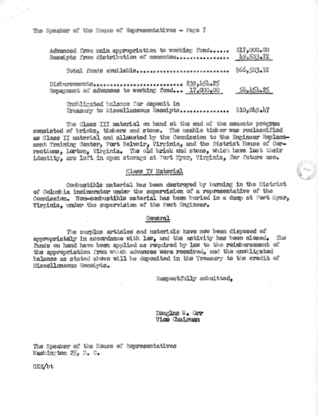 Final Report of the Commission on Renovation of the Executive Mansion from Douglas Orr to Speaker of the House Sam Rayburn, with Attachment