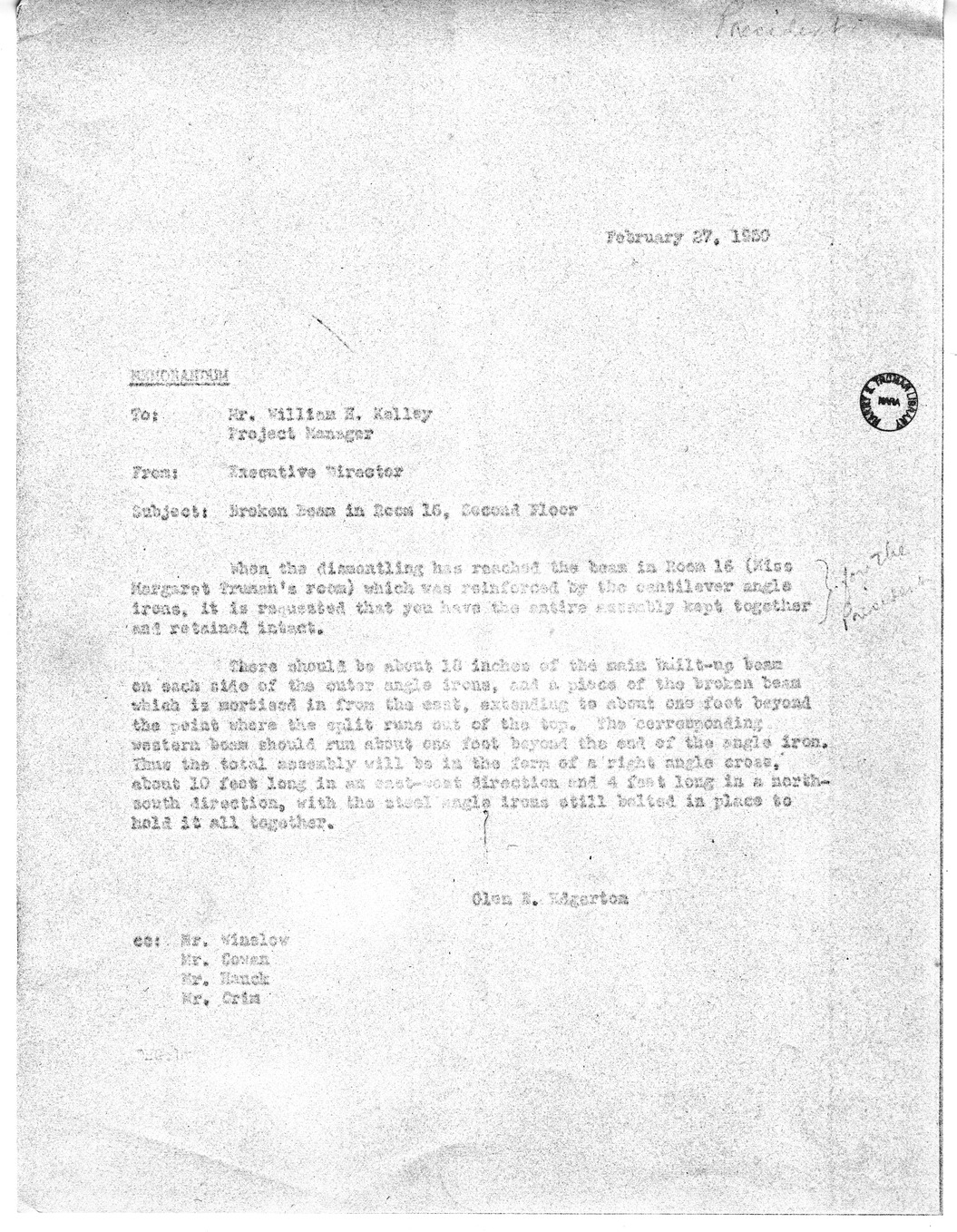Memorandum from Major General Glen E. Edgerton to William E. Kelley