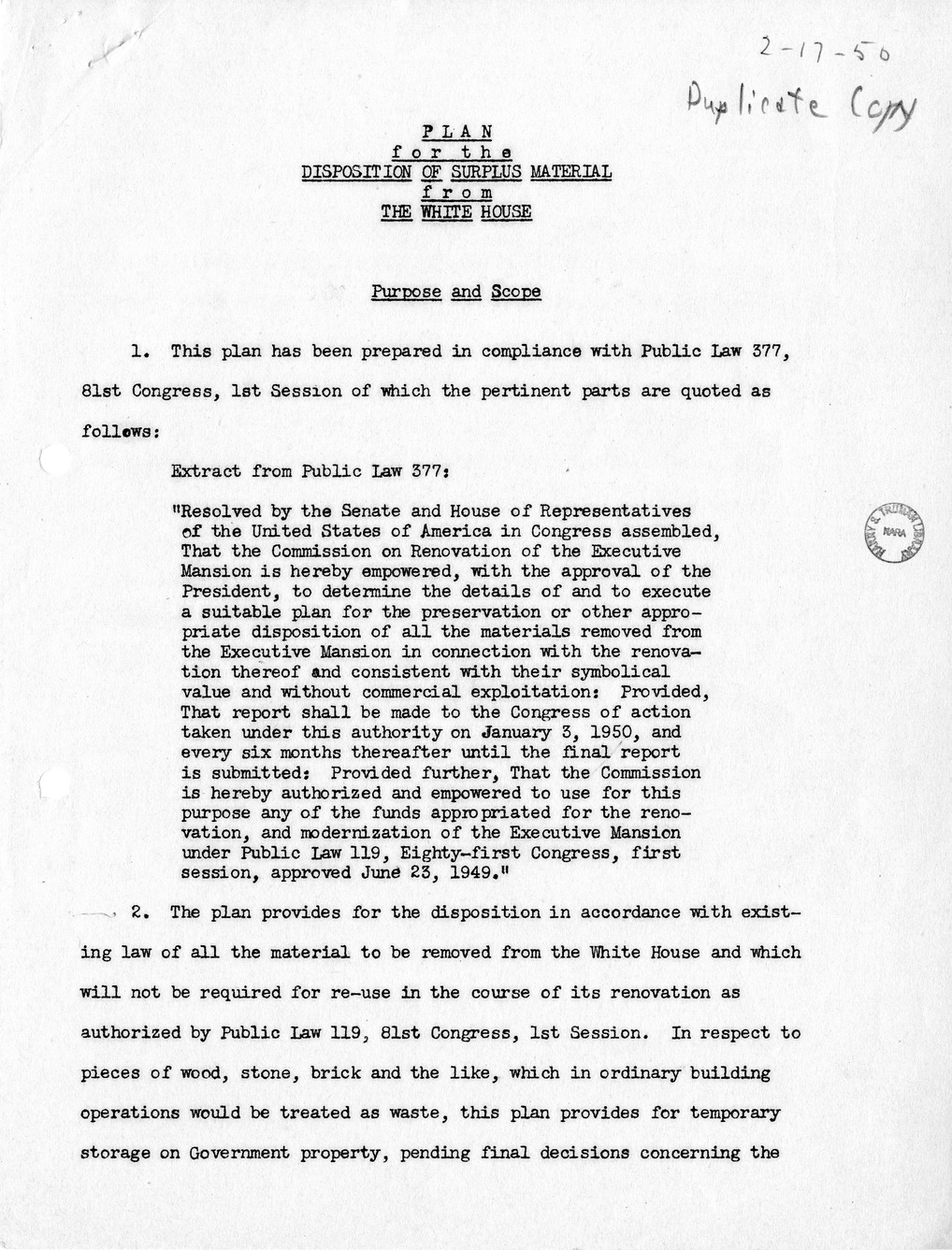 Memorandum from Douglas Orr, Plan for the Disposition of Surplus Material from the White House