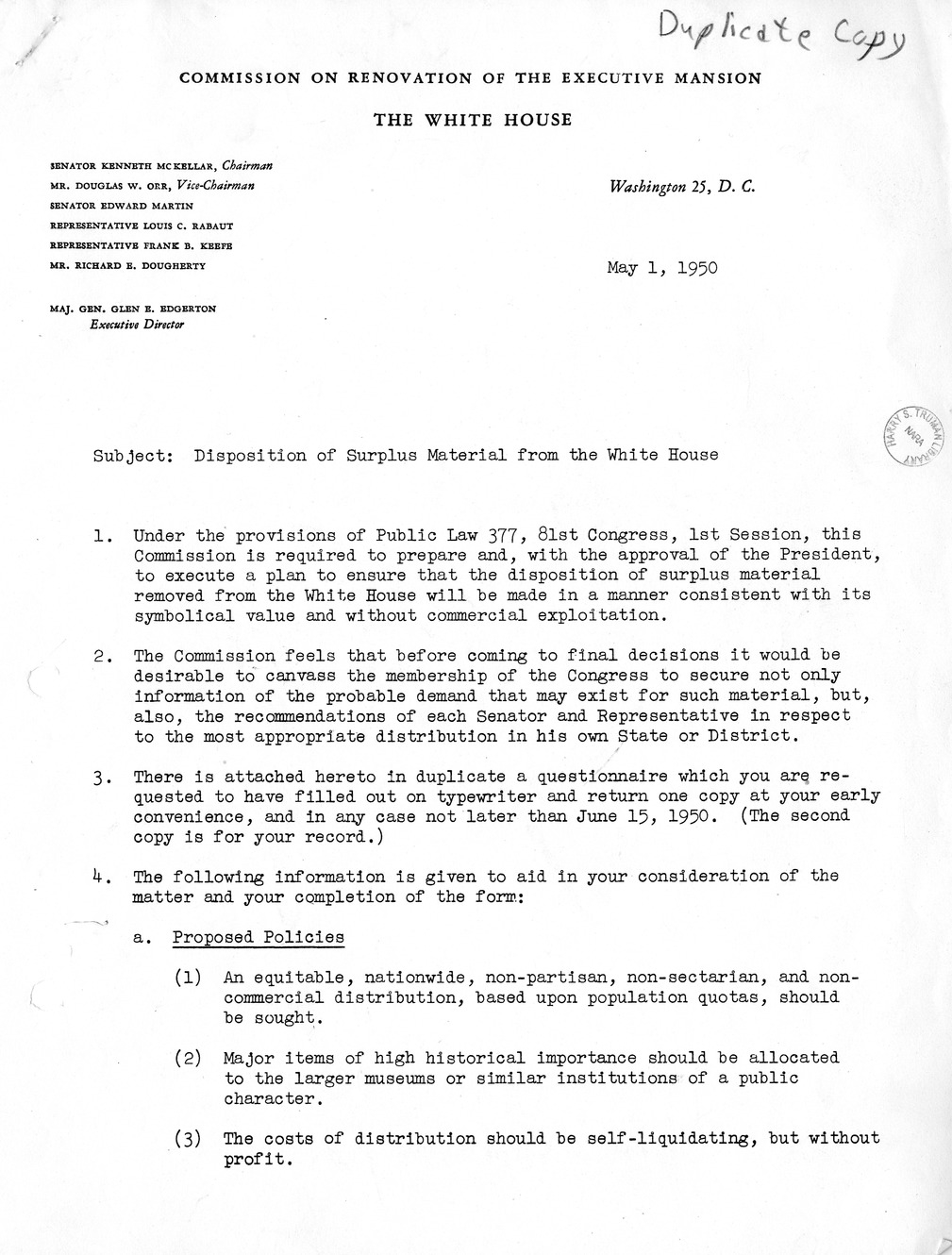 Memorandum from Senator Kenneth McKellar to Members of Congress, with Attachment