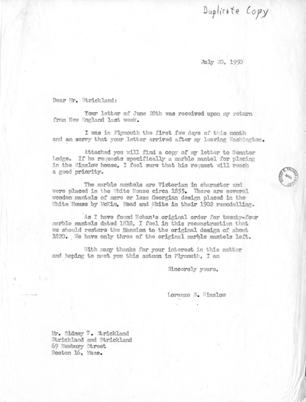 Letter from Lorenzo Winslow to Mr. Sidney T. Strickland