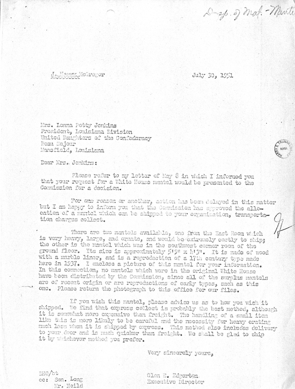 Letter from Major General Glen E. Edgerton to Mrs. Lonna Petty Jenkins