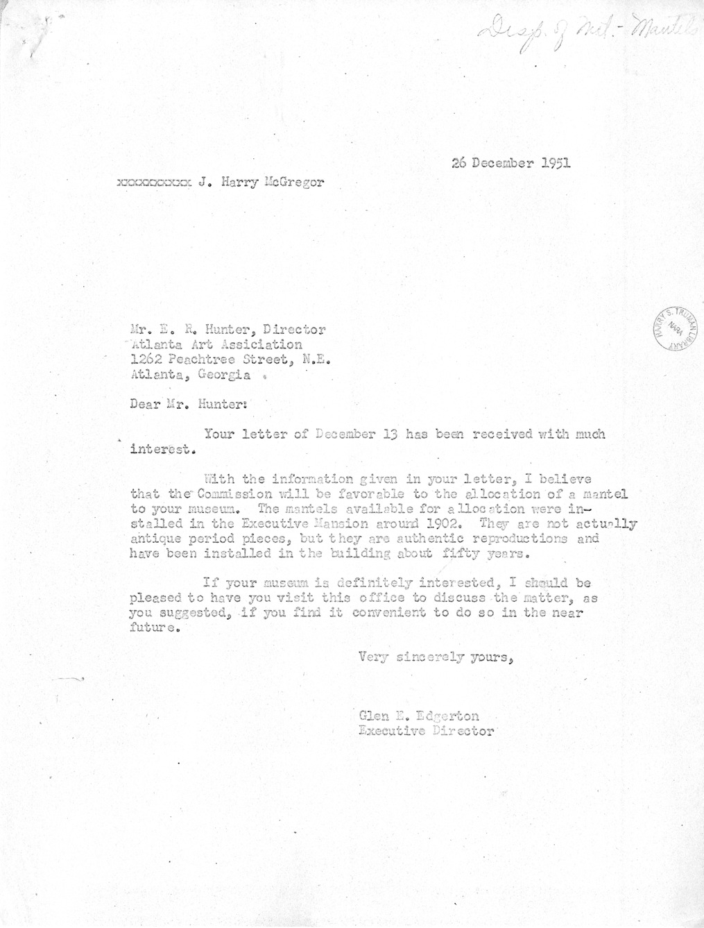 Correspondence Between Major General Glen E. Edgerton and Mr. E. R. Hunter