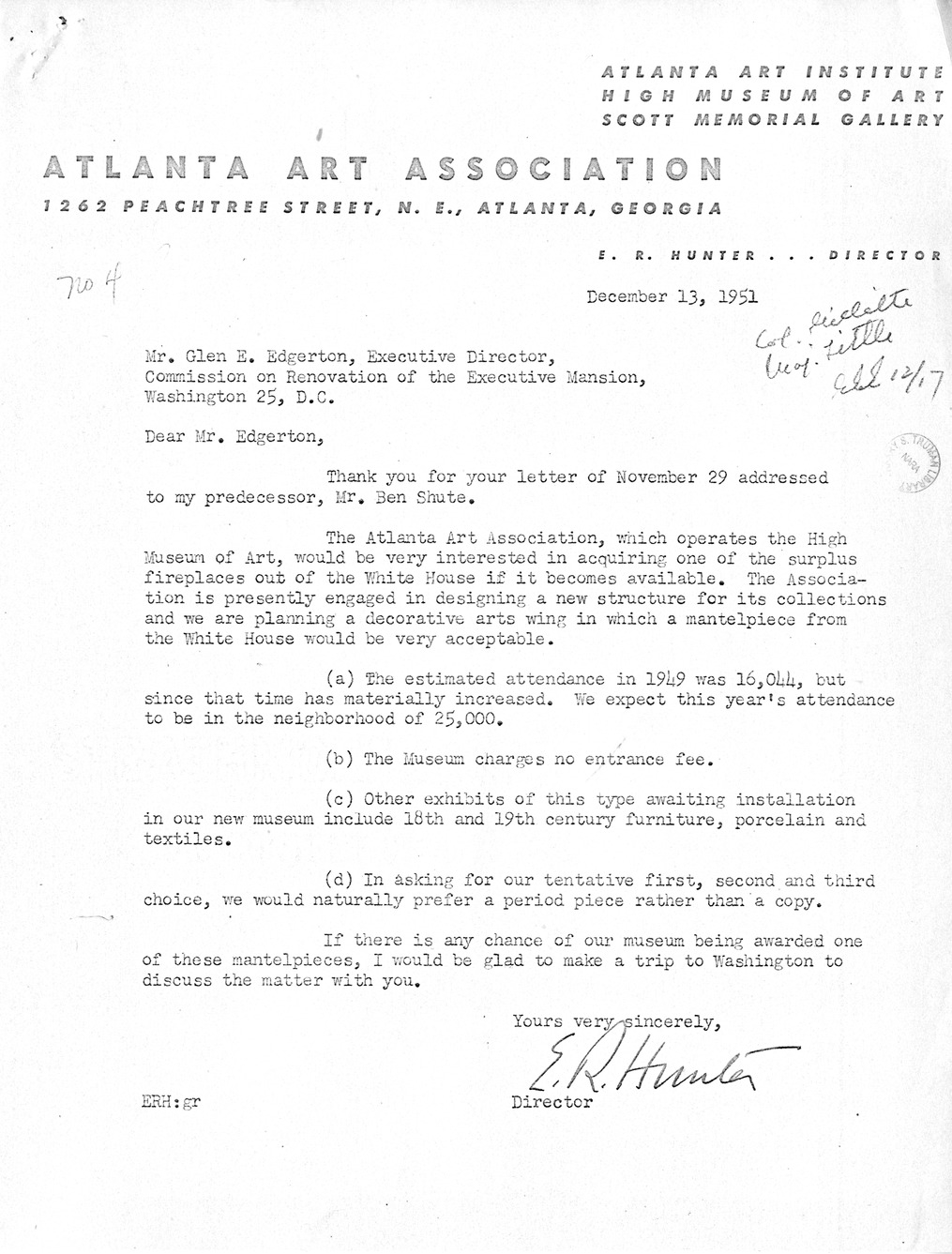 Correspondence Between Major General Glen E. Edgerton and Mr. E. R. Hunter