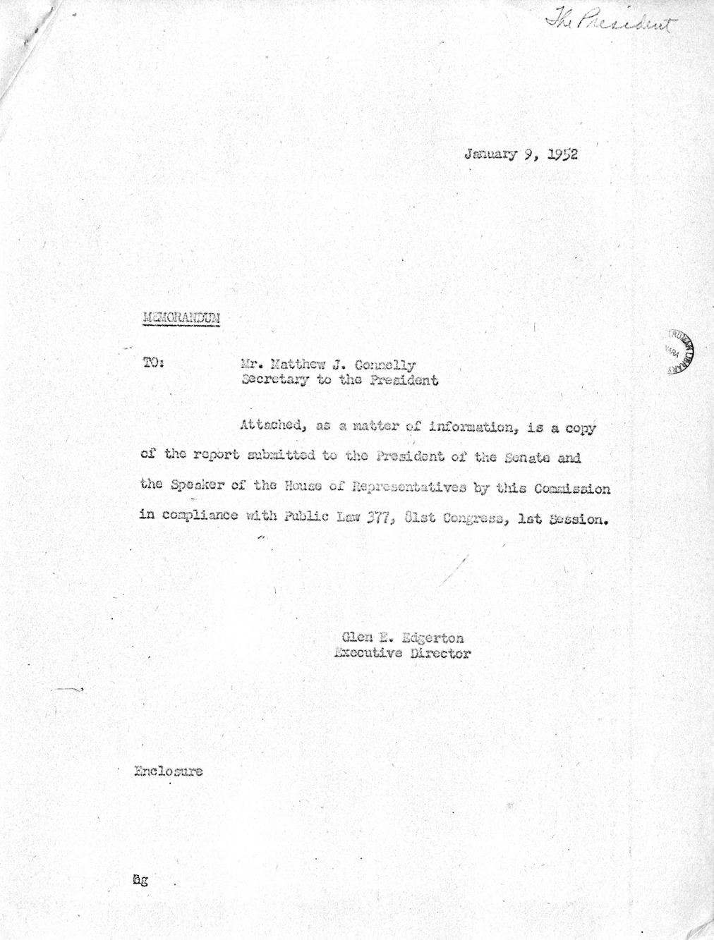 Memorandum from Major General Glen E. Edgerton to Mr. Matthew J. Connelly, with Attachment