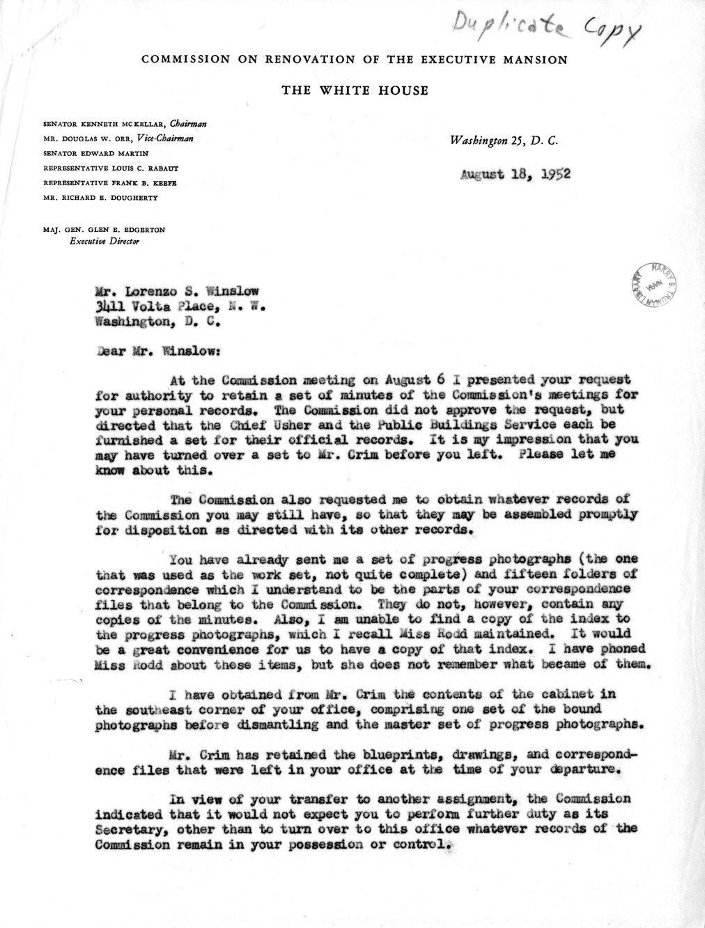 Letter from Major General Glen E. Edgerton to Lorenzo Winslow