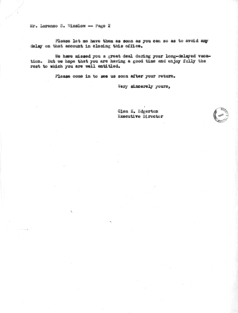Letter from Major General Glen E. Edgerton to Lorenzo Winslow