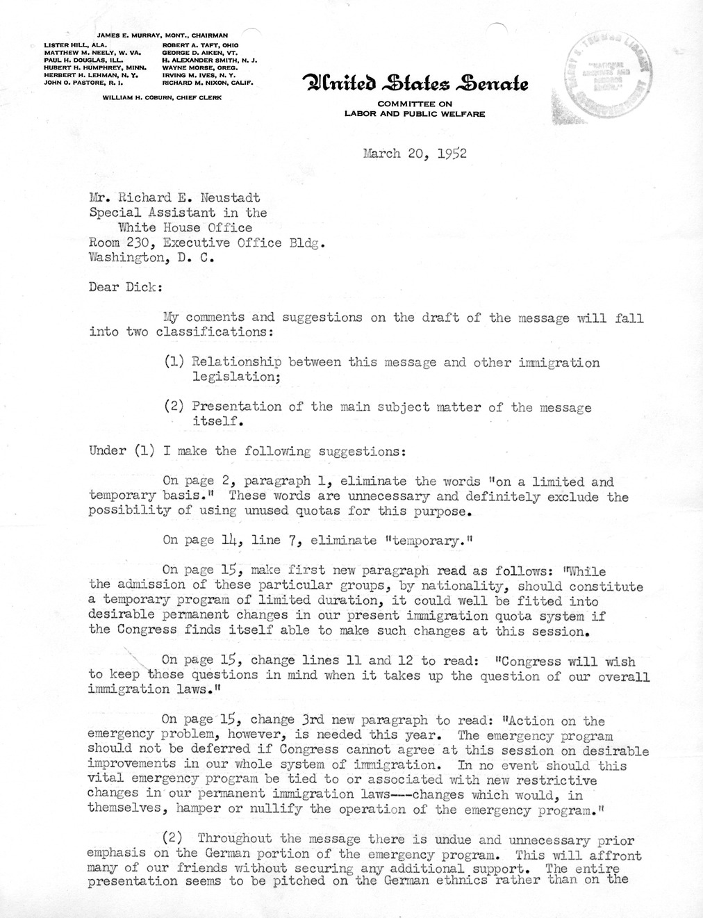 Letter from Julius Edelstein to Richard Neustadt