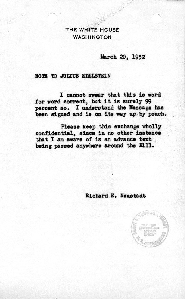 Note from Richard Neustadt to Julius Edelstein With Attached Message Draft