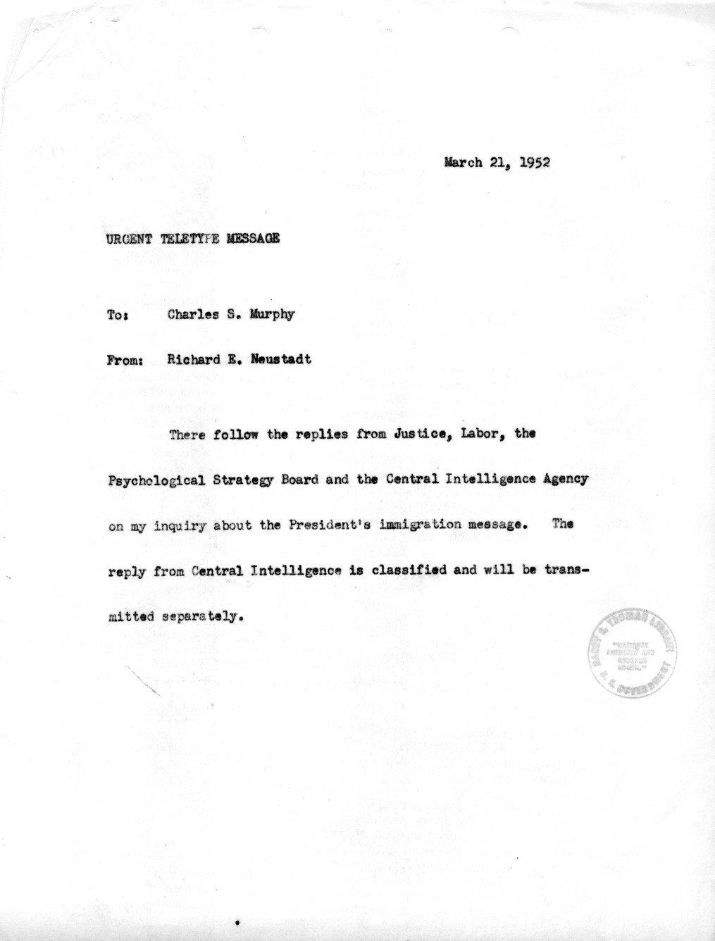 Note from Richard Neustadt to Julius Edelstein With Attached Message Draft