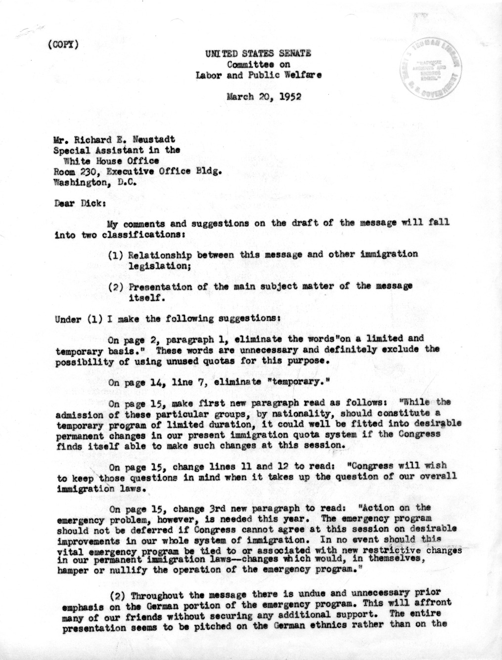 Memorandum from Julius Edelstein to Richard Neustadt