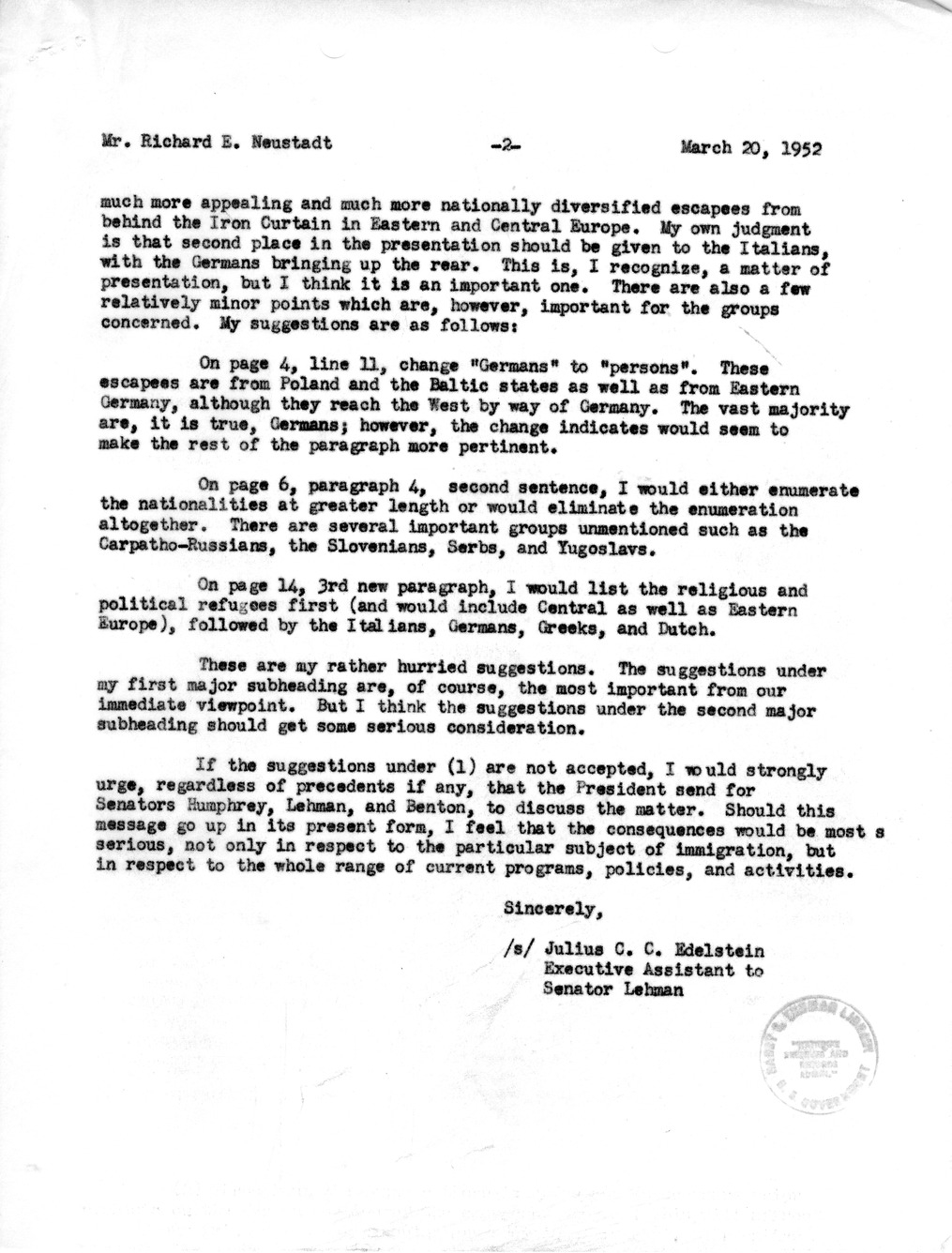 Memorandum from Julius Edelstein to Richard Neustadt