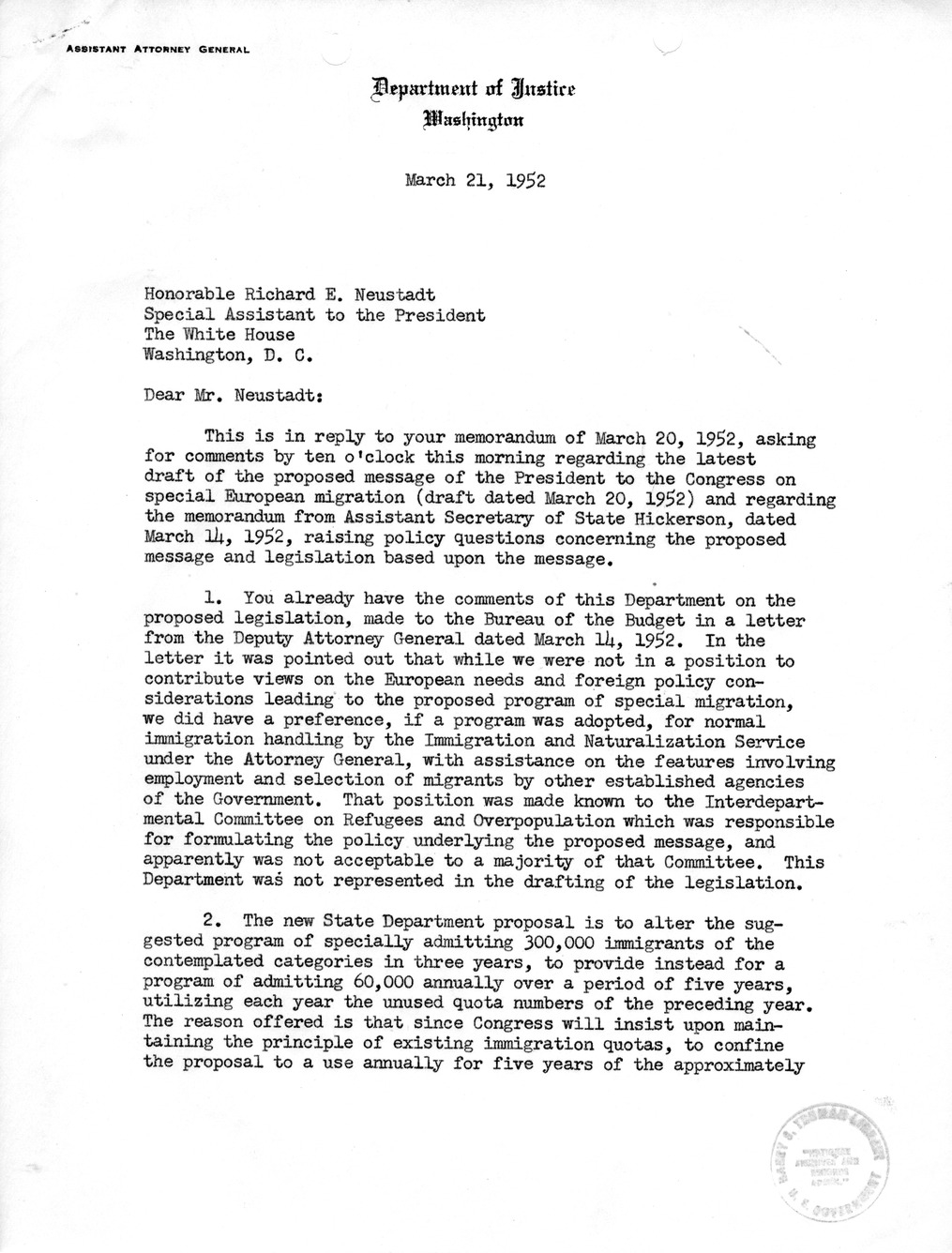 Letter from Joseph Duggan to Richard Neustadt