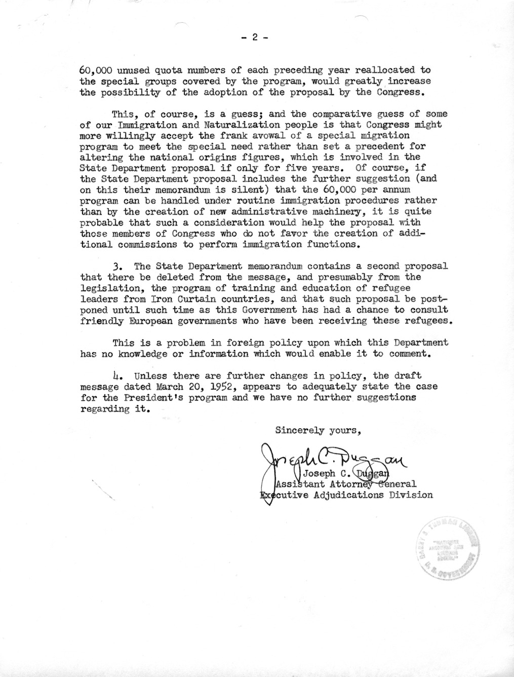 Letter from Joseph Duggan to Richard Neustadt