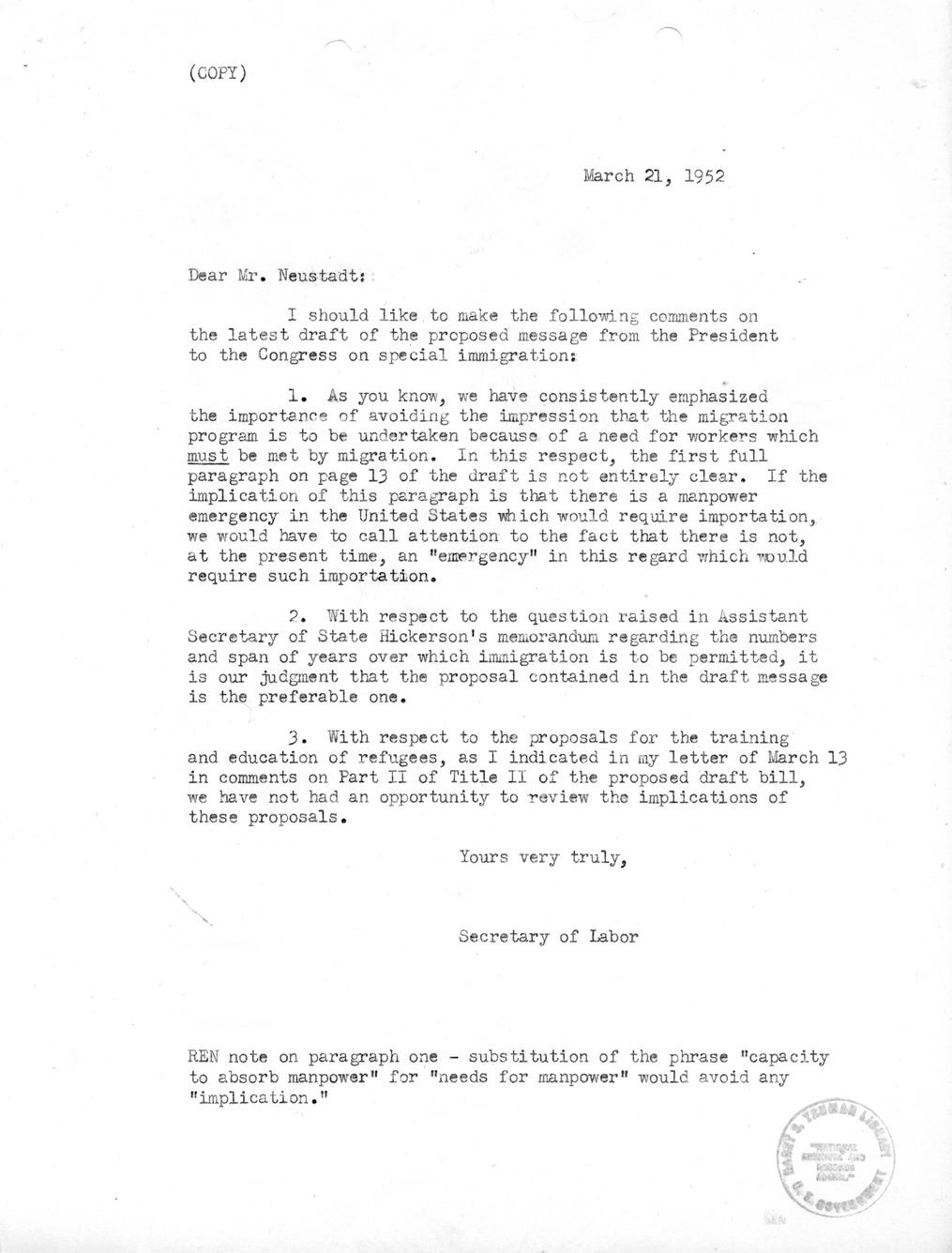 Letter from Secretary of Labor Maurice Tobin to Richard Neustadt