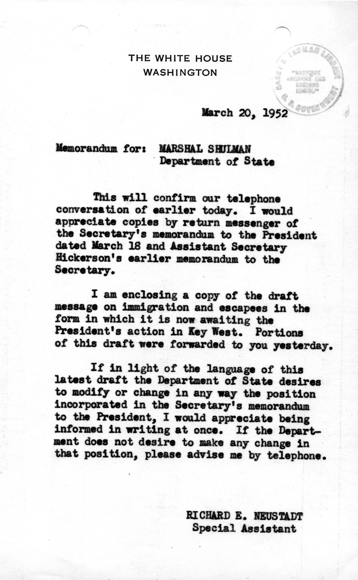 Memorandum from Richard Neustadt to Marshal Shulman