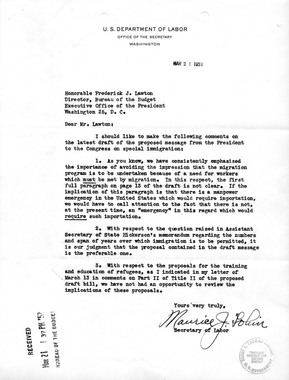 Letter from Secretary of Labor Maurice Tobin to Frederick Lawton