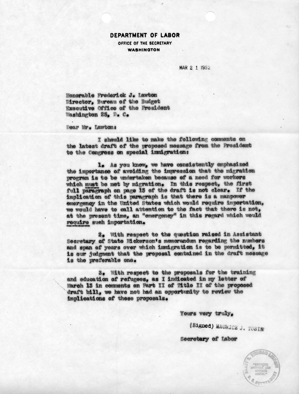 Letter from Secretary of Labor Maurice Tobin to Frederick Lawton