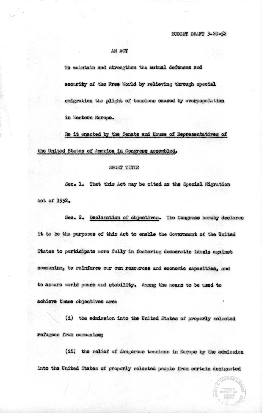 Draft of the Special Migration Act of 1952 from the Bureau of the Budget