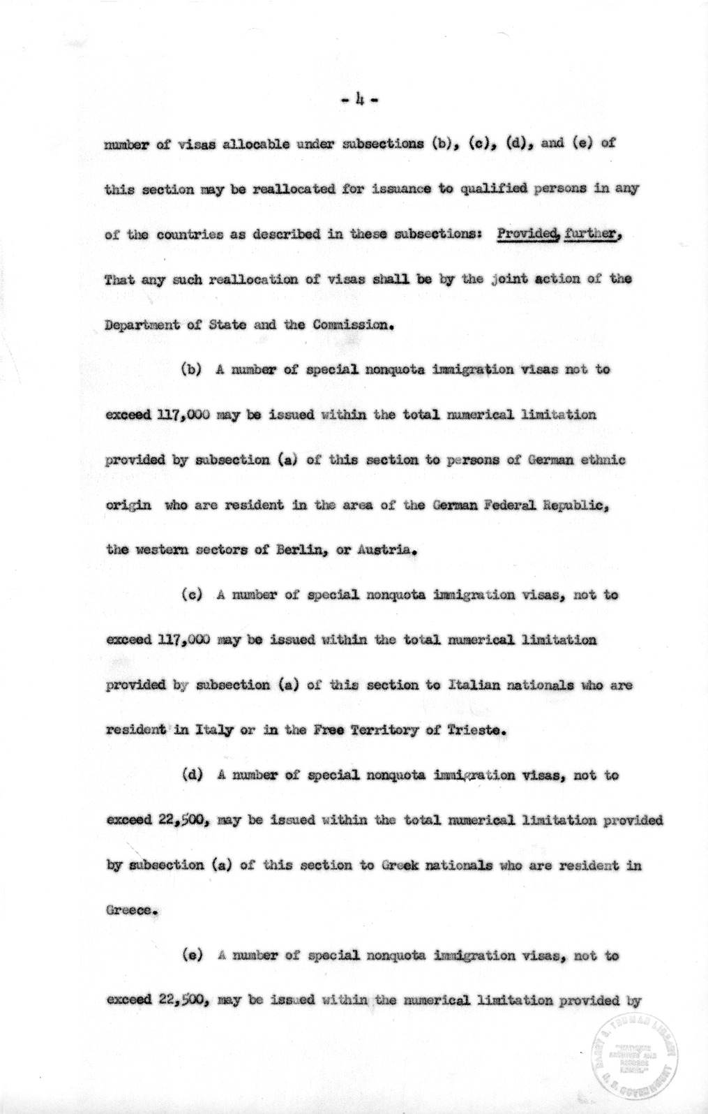 Draft of the Special Migration Act of 1952 from the Bureau of the Budget