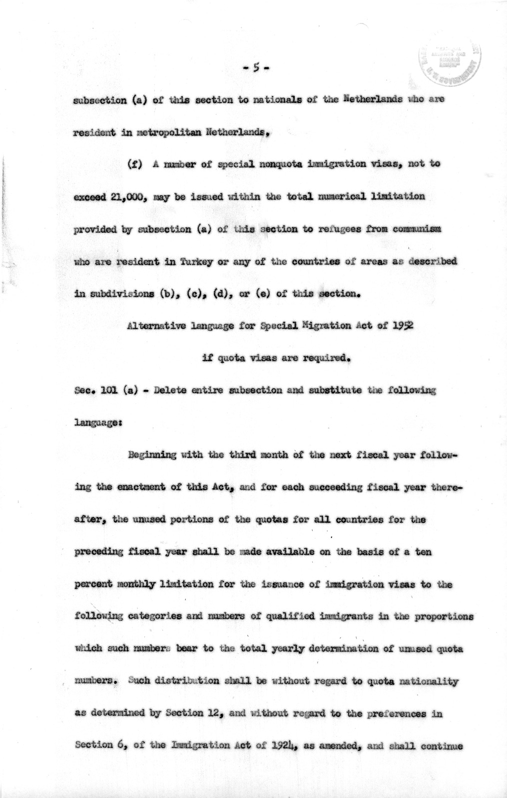 Draft of the Special Migration Act of 1952 from the Bureau of the Budget