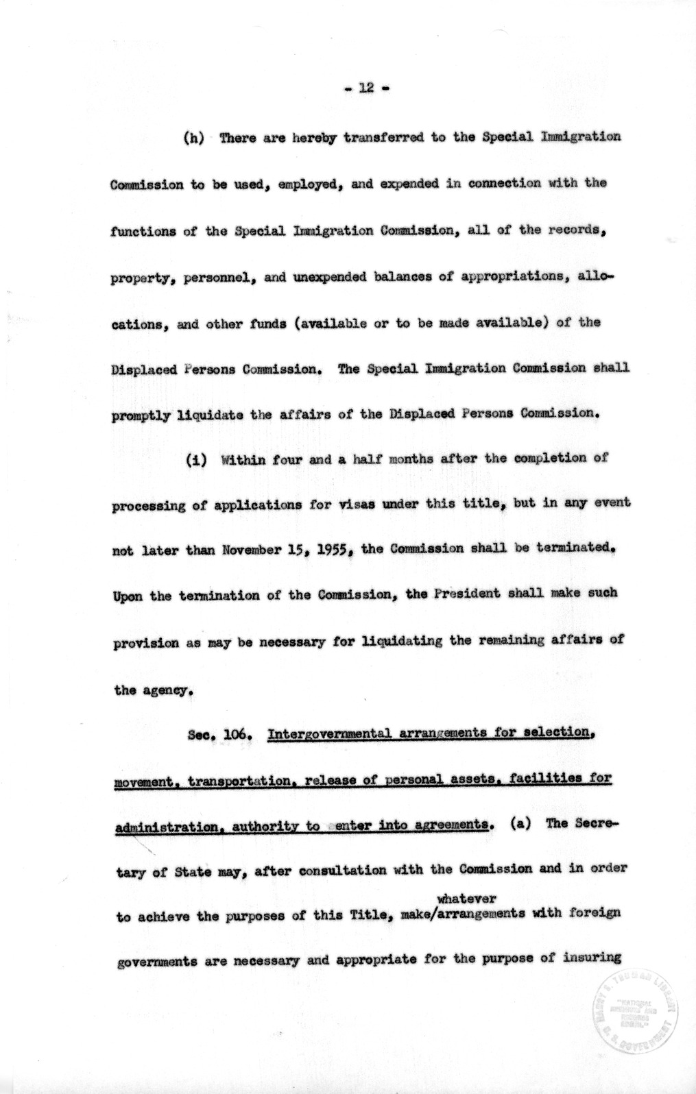 Draft of the Special Migration Act of 1952 from the Bureau of the Budget