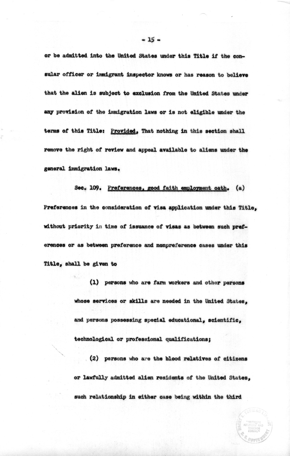 Draft of the Special Migration Act of 1952 from the Bureau of the Budget