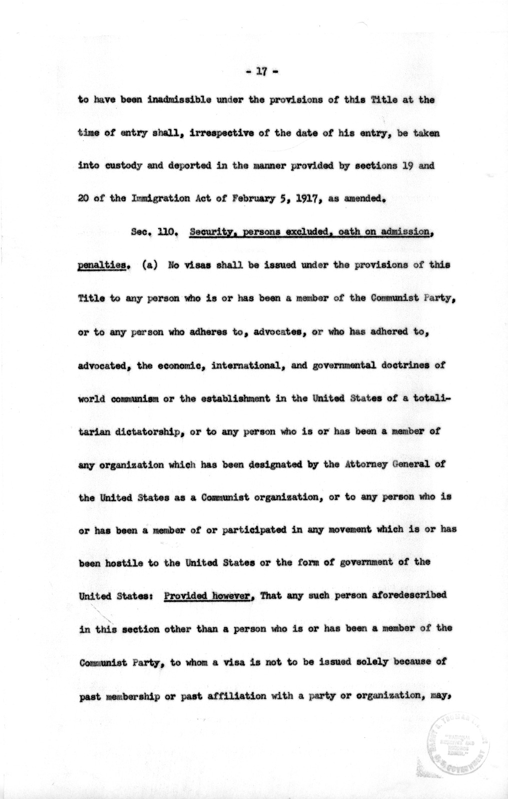 Draft of the Special Migration Act of 1952 from the Bureau of the Budget