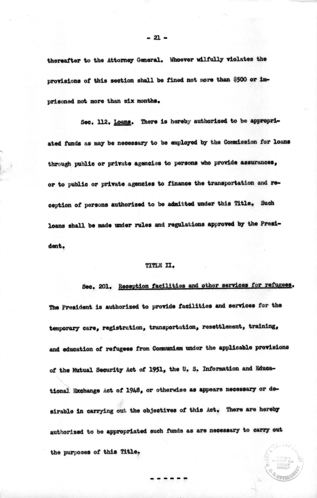 Draft of the Special Migration Act of 1952 from the Bureau of the Budget