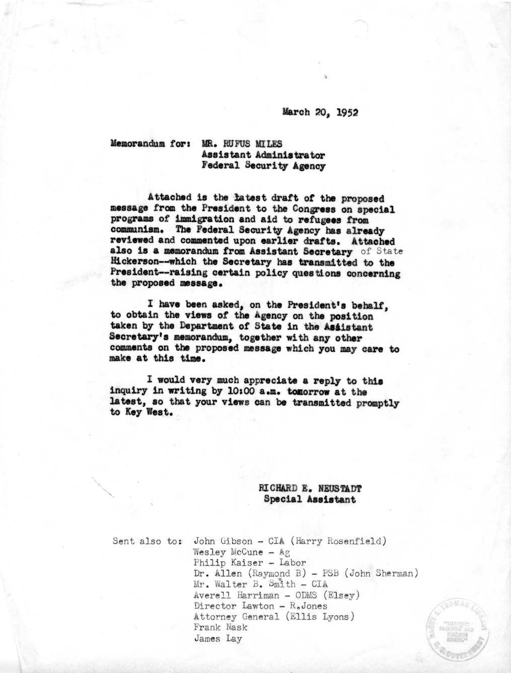 Memorandum from Richard Neustadt to Rufus Miles, with Attached Message Draft