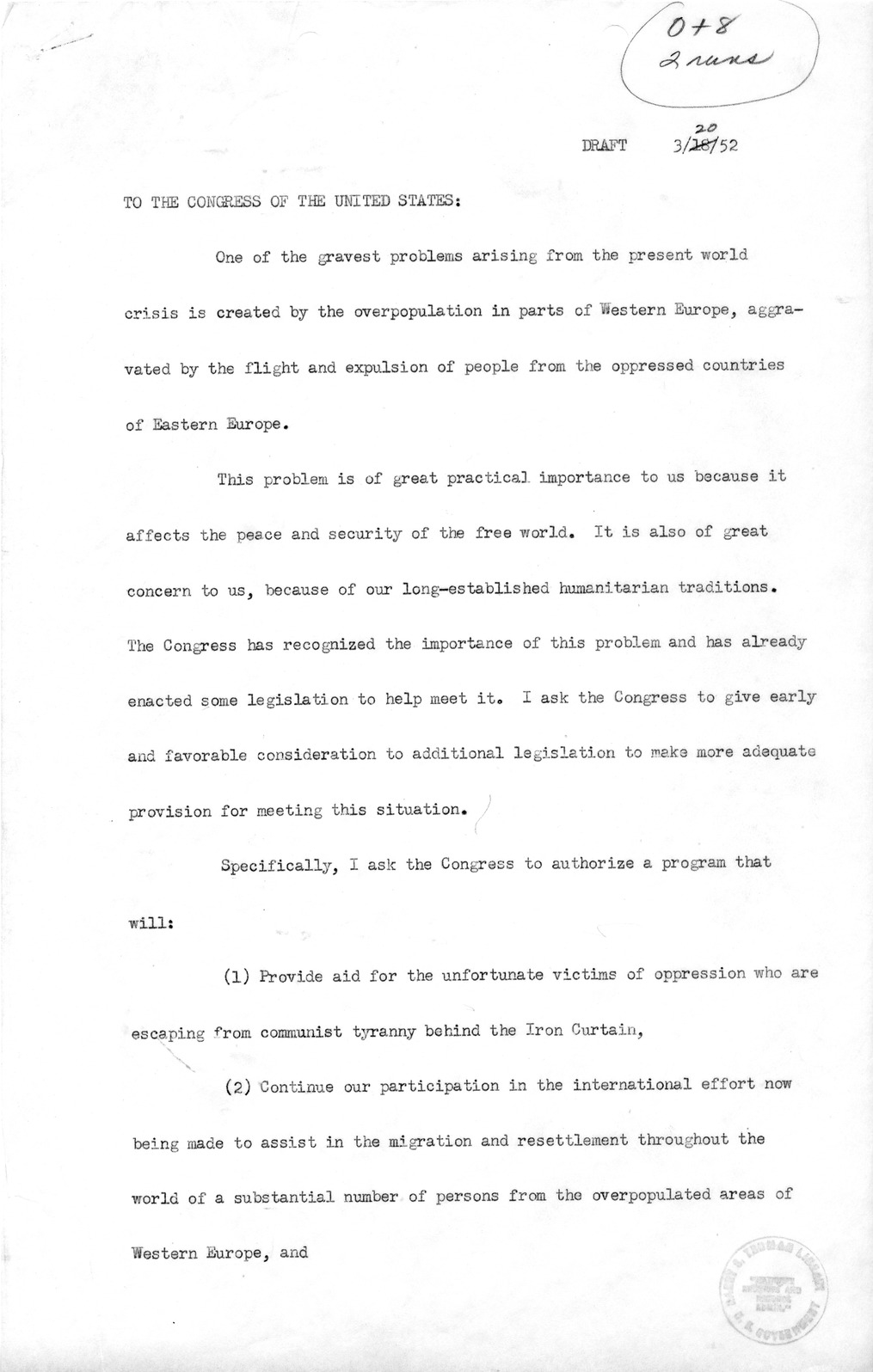 Memorandum from Richard Neustadt to Rufus Miles, with Attached Message Draft