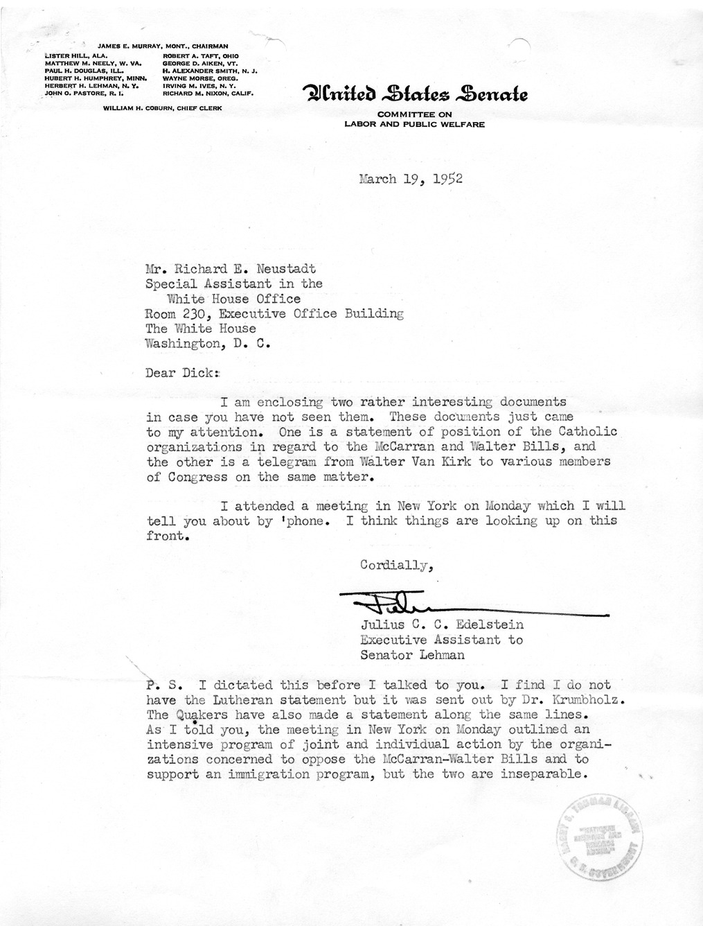 Letter from Julius Edelstein to Richard Neustadt, With Attachments