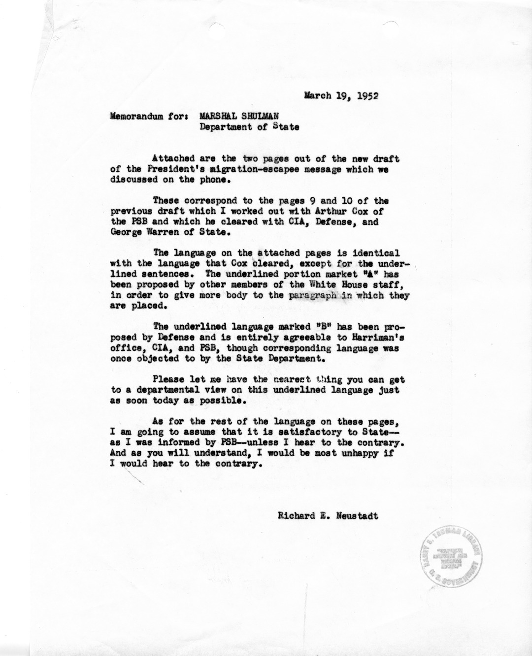 Memorandum From Richard Neustadt To Marshal Shulman, with Attachment