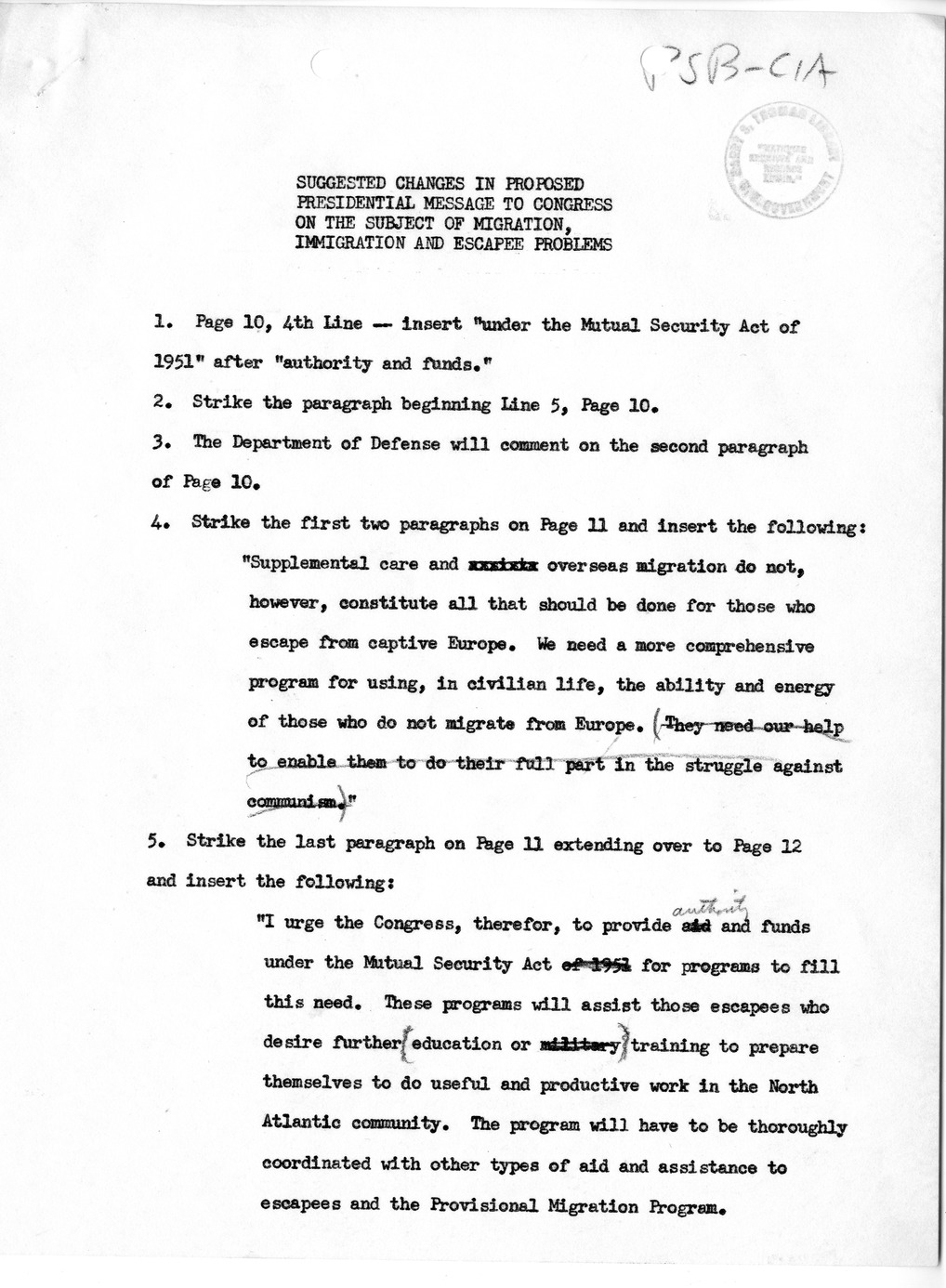 Memorandum, Suggested Changes in Proposed Presidential Message To Congress On the Subject of Migration, Immigration and Escapee Problems