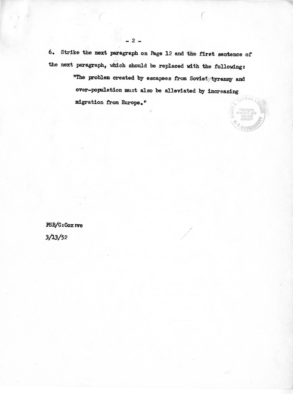 Memorandum, Suggested Changes in Proposed Presidential Message To Congress On the Subject of Migration, Immigration and Escapee Problems