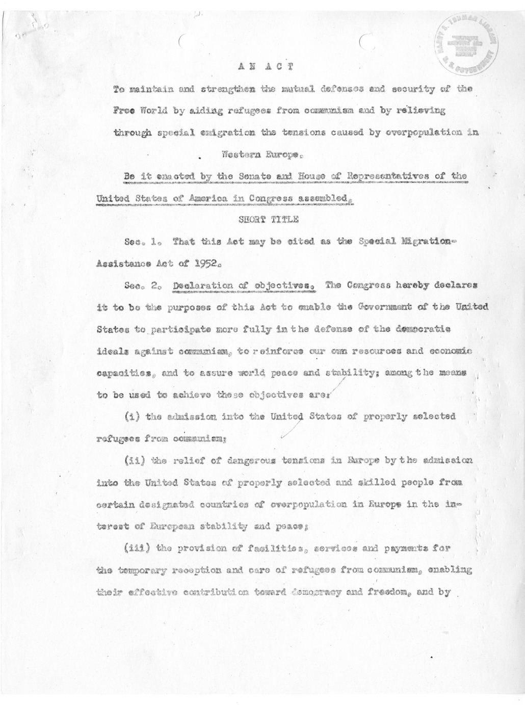 Draft of Legislation, The Special Migration Act of 1952