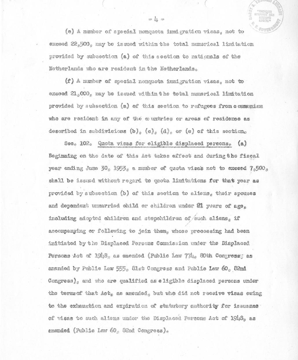 Draft of Legislation, The Special Migration Act of 1952