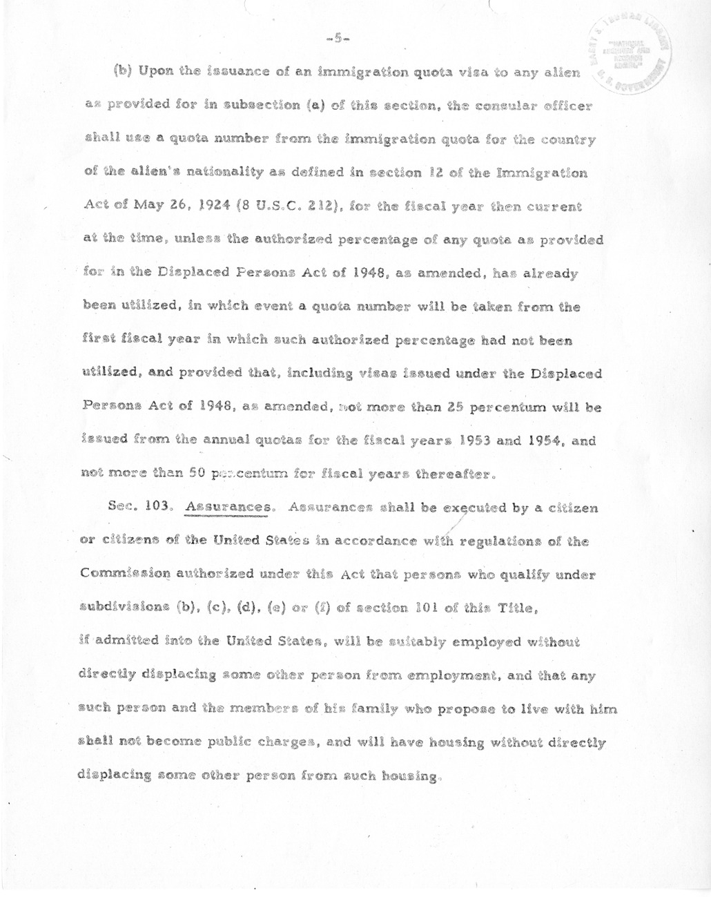 Draft of Legislation, The Special Migration Act of 1952